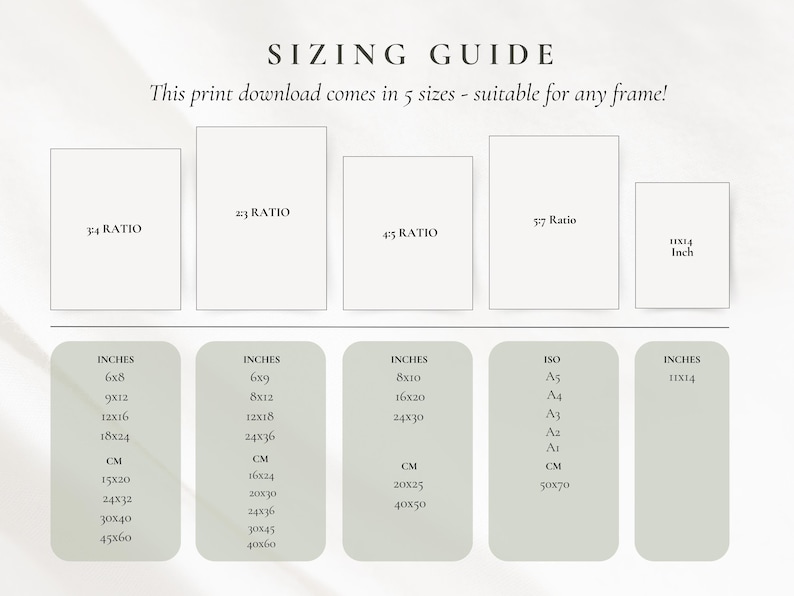 May include: A sizing guide with the text "SIZING GUIDE" and "This print download comes in 5 sizes - suitable for any frame!" The guide lists print sizes in inches, including 6x8, 9x12, 12x16, 18x24, and 11x14.