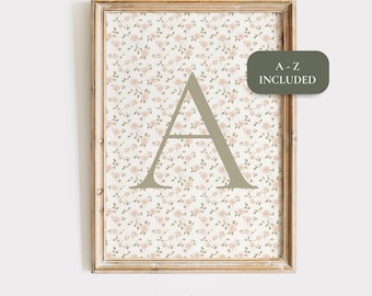 Letter Wall Art for Nursery, Floral Pink Girl's Print, Cottagecore Floral Letter Poster, Vintage Alphabet Prints (Digital Download)