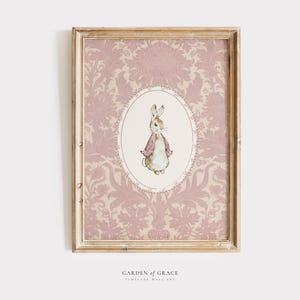 Arte de pared con un lindo conejo para habitación infantil / Decoración de habitación infantil de estilo rústico / Impresión antigua en rosa pálido / Impresión floral estilo cottagecore / Póster vintage de conejita