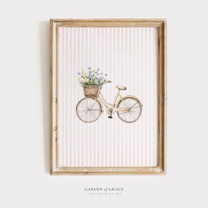Art mural rose vélo avec fleurs pour chambre de bébé | Décoration de chambre de fille de ferme | Imprimé floral vichy | Poster rose tendre | Illustration à la française