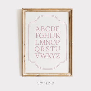 Arte de pared para guardería con alfabeto en toile rosa / Decoración de habitación de niña en rosa pálido / Impresión educativa con abecedario / Póster con letras para educación en el hogar / Impresión artística para niña