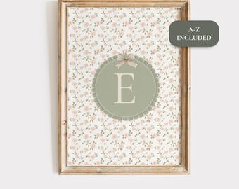 A-Z Initial Wall Art for Nursery, Floral Sage Green Pale Pink Girl's Print, Cottagecore Letter Poster, Vintage Alphabet Baby Shower Gift