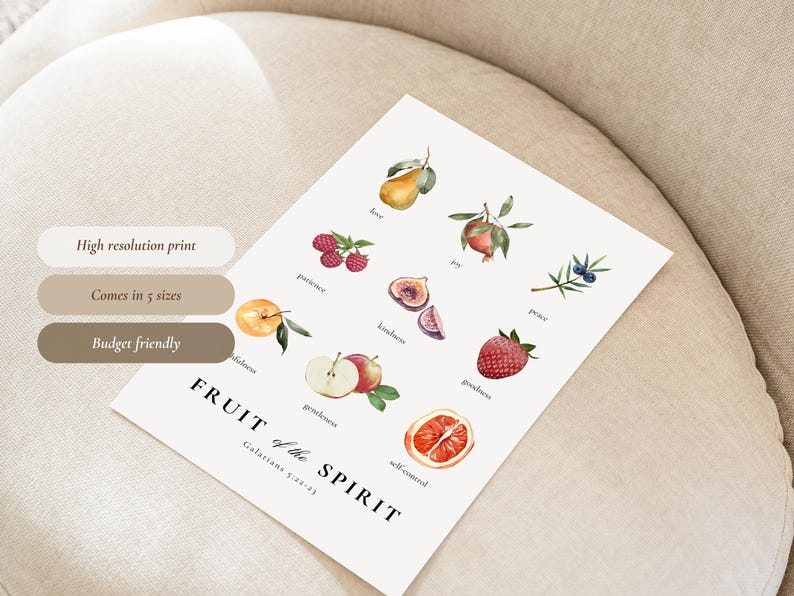May include: A printable poster featuring watercolour illustrations of fruits representing the fruits of the spirit. The fruits are pear, pomegranate, berries, figs, juniper berries, strawberry, apple, and an orange. The text on the poster reads "FRUIT of the SPIRIT Galatians 5:22-23".