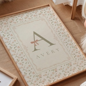 Pu&ograve; includere: Una stampa incorniciata con un bordo floreale e un design centrale con il nome "AVERY" sotto una grande lettera "A" ornata da un fiocco rosa. La cornice &egrave; in legno color chiaro.