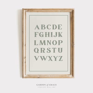 Arte de parede de alfabeto vintage | Decoração de quarto infantil verde-claro/sálvia | Impressão educacional de ABC | Pôster de letras para educação domiciliar bege | Impressão de arte para berçário