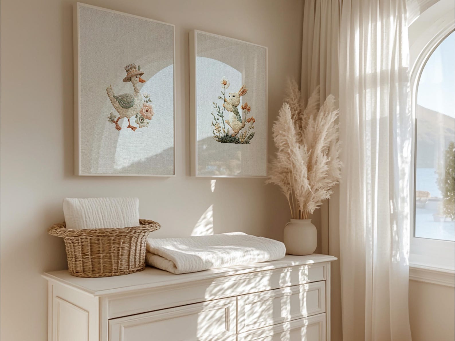 Embroidered Goose and Bunny Nursery Wall Art Set | Farmhouse Kid's Room ...