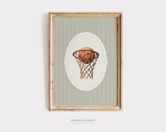 Basketball Korb Kinderzimmer Spielzimmer Sport Wandkunst, Vintage Sport Liebhaber Junge Zimmer Dekor, Salbei Grün und Braun Druck, Vintage Ball Sport Drucke
