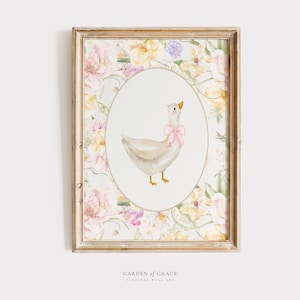 Pink Goose Nursery Wall Art | Duck Gingham Kid&#39;s Room Decor | Farm Animal Print | Floral Spring Poster | Vintage Silly Goose and Flowers