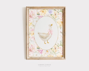 Pink Goose Nursery Wall Art | Duck Gingham Kid's Room Decor | Farm Animal Print | Floral Spring Poster | Vintage Silly Goose and Flowers