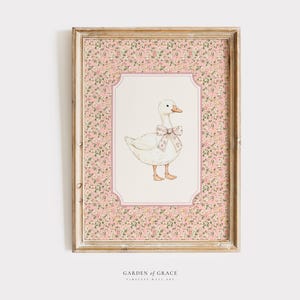 Silly Little Goose Nursery Wall Art | Floral Pink Kid&#39;s Room Decor | Farm Animal Print | Cottagecore Prints | Vintage Goose Illustration