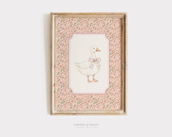 Silly Little Goose Nursery Wall Art | Floral Pink Kid's Room Decor | Farm Animal Print | Cottagecore Prints | Vintage Goose Illustration