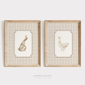 Lot de 2 oeuvres d'art murales pour chambre d'enfant Oie et lapin, livre de contes, décoration pour chambre d'enfant, impression d'animaux de la ferme | Illustration de lapin vintage beige et marron