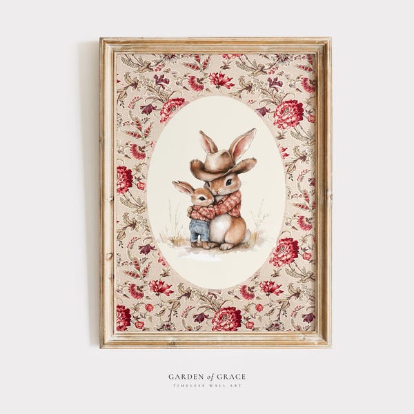 Röd västerländsk mamma och kaninunge väggkonsttryck för barnrum, blommig rumsdekor, antik cowgirlflicka-affisch, utskrivbar vintage-kaninillustration