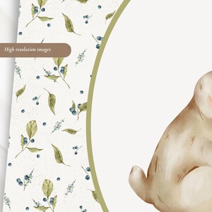 Puede incluir: Ilustraci&oacute;n en acuarela de un conejo sentado con un pelaje beige suave y acentos rosados. El fondo incluye un patr&oacute;n de hojas, bayas y el texto "High resolution images". El tema general es la naturaleza y la primavera.