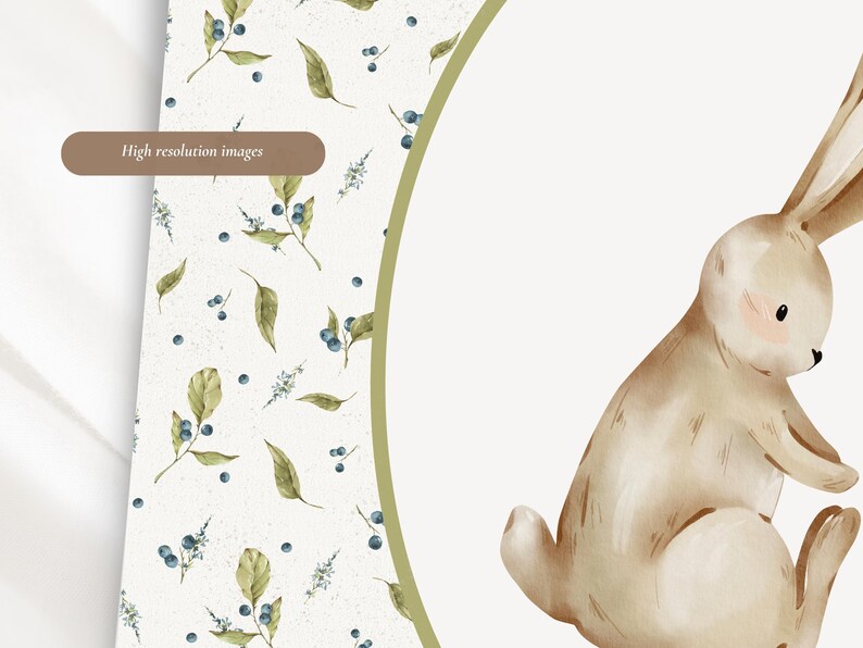Puede incluir: Ilustraci&oacute;n en acuarela de un conejo sentado con un pelaje beige suave y acentos rosados. El fondo incluye un patr&oacute;n de hojas, bayas y el texto "High resolution images". El tema general es la naturaleza y la primavera.