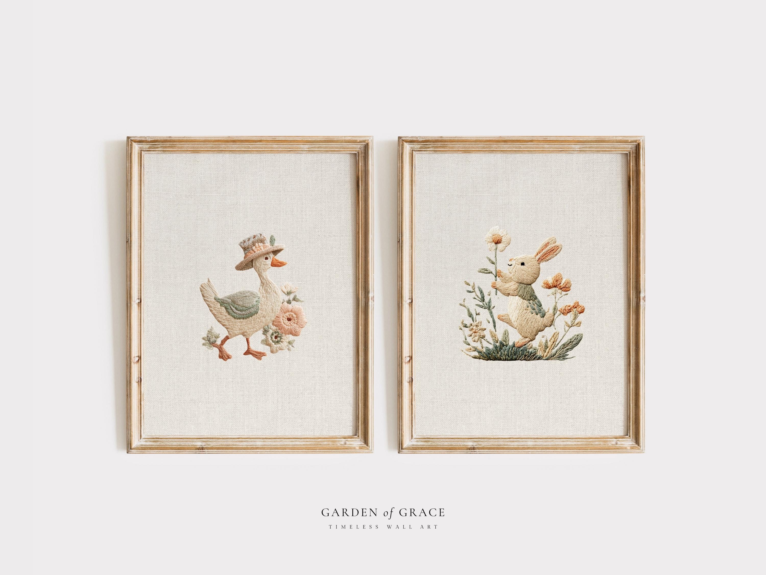 Embroidered Goose and Bunny Nursery Wall Art Set | Farmhouse Kid's Room ...