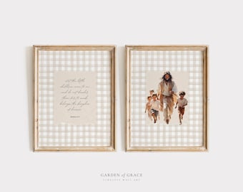 Let the Little Children Come to Me - Matthew 19:14 Wall Art Set of 2 | Vintage Scripture Kid's Room Art Print | Bible Verse Nursery Decor