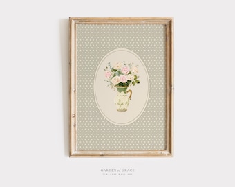 Maceta con rosas sobre fondo verde, decoración de pared para habitación de niña, decoración vintage rosa, estampado de jardín de rosas, ilustración floral romántica estilo cottagecore.