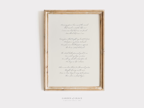 Amazing Grace Hymn Wall Art | Christian Farmhouse, Apartment, Room Decor Print in Beige | Subtle Song Lyrics | Vintage Quote, Baptism Gift