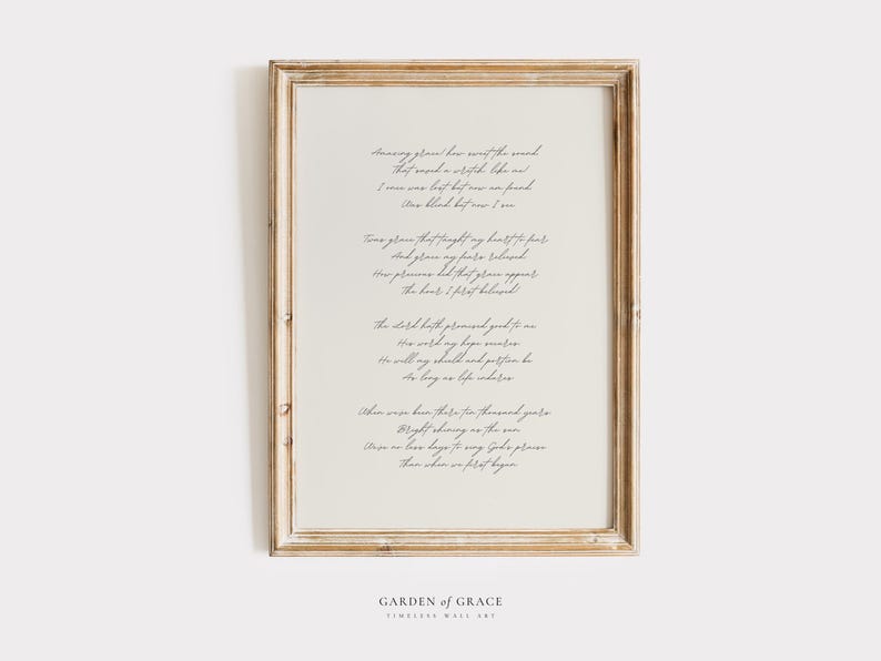 Amazing Grace Hymn Wall Art | Christian Farmhouse, Apartment, Room Decor Print in Beige | Subtle Song Lyrics | Vintage Quote, Baptism Gift image 1