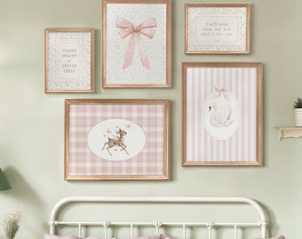 Różowa galeria ścienna inspirowana stylem vintage, zestaw 5 wydruków, do pokoju dziecięcego lub dla dziewczynki, wydruki Cottagecore, kokarda łabędzia, jeleń i cytat, dekoracja do pokoju zabaw