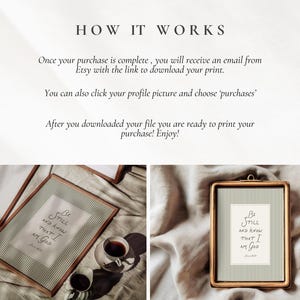 May include: Two framed prints with the text "Be Still and Know That I Am God" are displayed. One is angled, showing a cup of coffee and a saucer. The other is upright, with a gold frame. The text "HOW IT WORKS" is at the top.