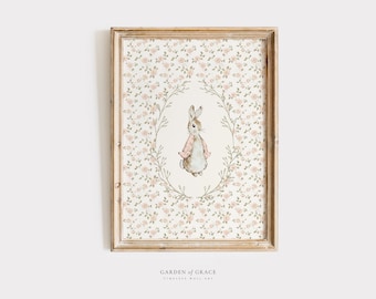 Decorazione murale per cameretta con coniglietto floreale, decorazione per cameretta per bambina, stampa in stile antico verde salvia rosa pallido, poster vintage con coniglietto, regalo per baby shower