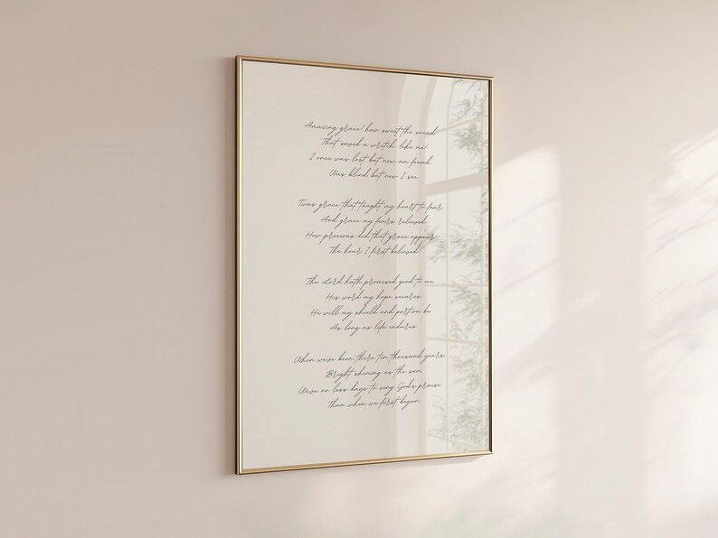 Amazing Grace Hymn Wall Art | Christian Farmhouse, Apartment, Room Decor Print in Beige | Subtle Song Lyrics | Vintage Quote, Baptism Gift image 2