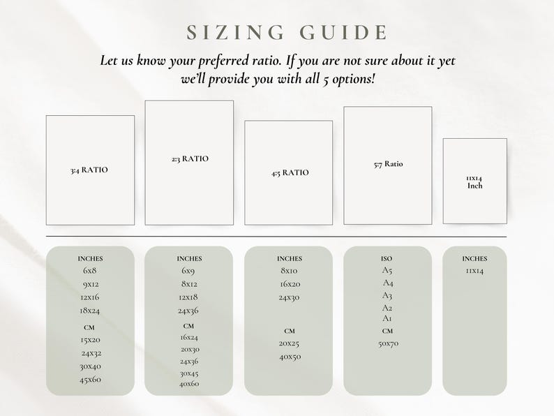 Pu&ograve; includere: Una guida alle taglie con il testo "SIZING GUIDE" e "Facci sapere il tuo rapporto preferito. Se non sei sicuro, ti forniremo tutte e 5 le opzioni!" La guida include rapporti, pollici e misure in cm.