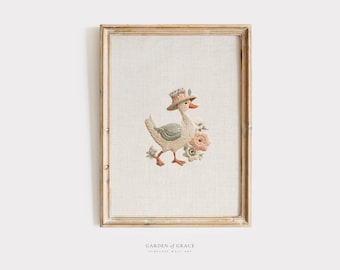 Embroidered Silly Little Goose Wall Art Print for Nursery | Vintage Kid's Room Decor | Farm Animal Print | Neutral Color Cottagecore Prints