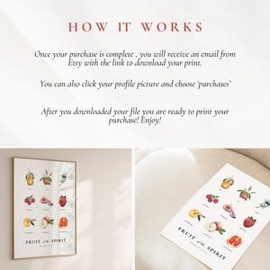 May include: A printable digital download of a watercolour illustration of the fruit of the spirit. The illustration features a pear, peach, grapes, raspberries, figs, strawberries, an apple, and an orange. The text "Fruit of the Spirit" is written in a black font at the bottom of the illustration.
