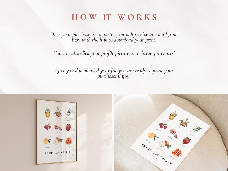 May include: A printable digital download of a watercolour illustration of the fruit of the spirit. The illustration features a pear, peach, grapes, raspberries, figs, strawberries, an apple, and an orange. The text "Fruit of the Spirit" is written in a black font at the bottom of the illustration.