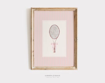 Tennisschläger mit Bogen Kinderzimmer Spielzimmer Sport Wandkunst, Country Club Mädchen Raum Dekor, Preppy Pink Druck, Vintage Pink Sport Drucke