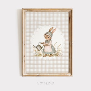 Arte de pared para habitación de bebé con diseño de mamá conejo en el jardín, decoración de habitación de niña estilo cottagecore, estampado de cuadros vichy, regalo para baby shower, decoración vintage de granja con conejos.