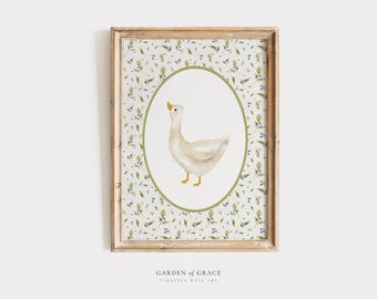 Cute Goose Nursery Wall Art | Duck Gingham Kid's Room Decor | Farm Animal Print | Pale Green Poster | Vintage Silly Goose Illustration