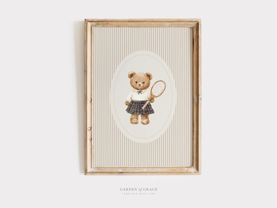 Tennis Bear in a Skirt Wall Art Print for Nursery, Neutral Beige Girl Room Decor, Ralph Sports Teddy Bear Prints, Vintage Country Club Art
