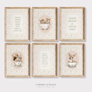 Floral Christian Nursery Gallery Wall Set of 6, Timeless Bible Verse Art, Vintage Girl&#39;s Woodland Decor, Scripture Print, DIGITAL DOWNLOAD