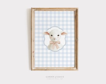 Lamb Nursery Print, Farmhouse Sheep Illustration, Baby Blue Gingham (Digital Download)