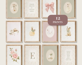 May include: Set of 12 framed art prints with a vintage aesthetic. Each print features watercolor illustrations of a piano, swan, dog, flowers, and bows. Some prints include text: "Thank Heaven for Little Girls" and "You'll Never Know Dear How Much I Love You."