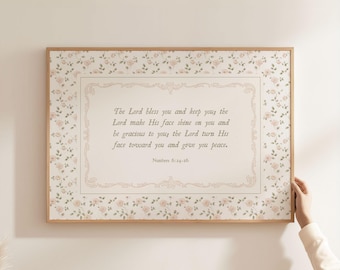 The Blessing Numbers 6:24-26 Nursery Wall Art, Christian Sage Green and Pink Floral Girl's Room Decor, The Lord Bless You Bible Verse Print