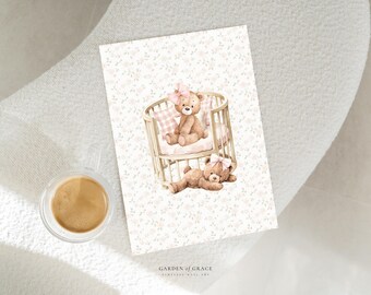 Teddy Bears Nursery Art Print, Vintage Shabby Chic Floral Decor (Digital Download)