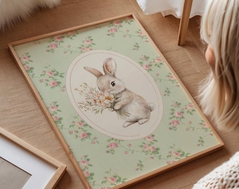 Green Floral Bunny Nursery Wall Art, Vintage Rabbit Cottagecore Nursery Decor,  Botanical Baby Room Printable
