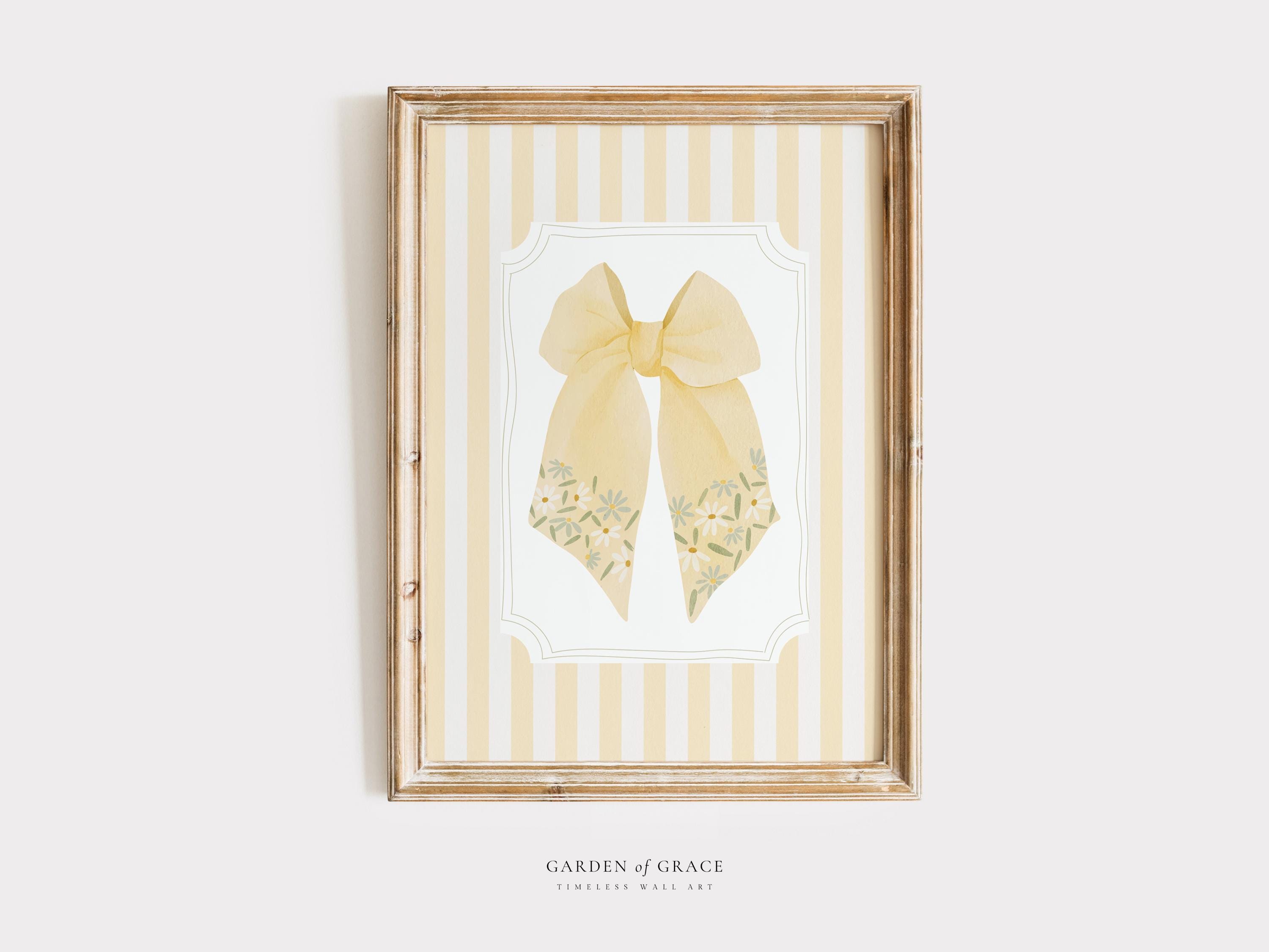 Yellow Bow on Stripes Wall Art Print for Nursery, Farmhouse Girl's Room Decor , Endless Summer Poster, Floral Cottagecore Baby Shower Art