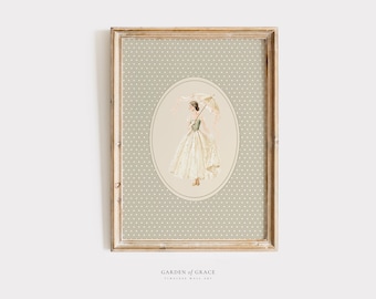 Arte de pared para habitación infantil con una dama con paraguas, decoración vintage verde salvia para habitación de niña, impresión de un jardín de rosas inglés, ilustración victoriana de estilo cottagecore