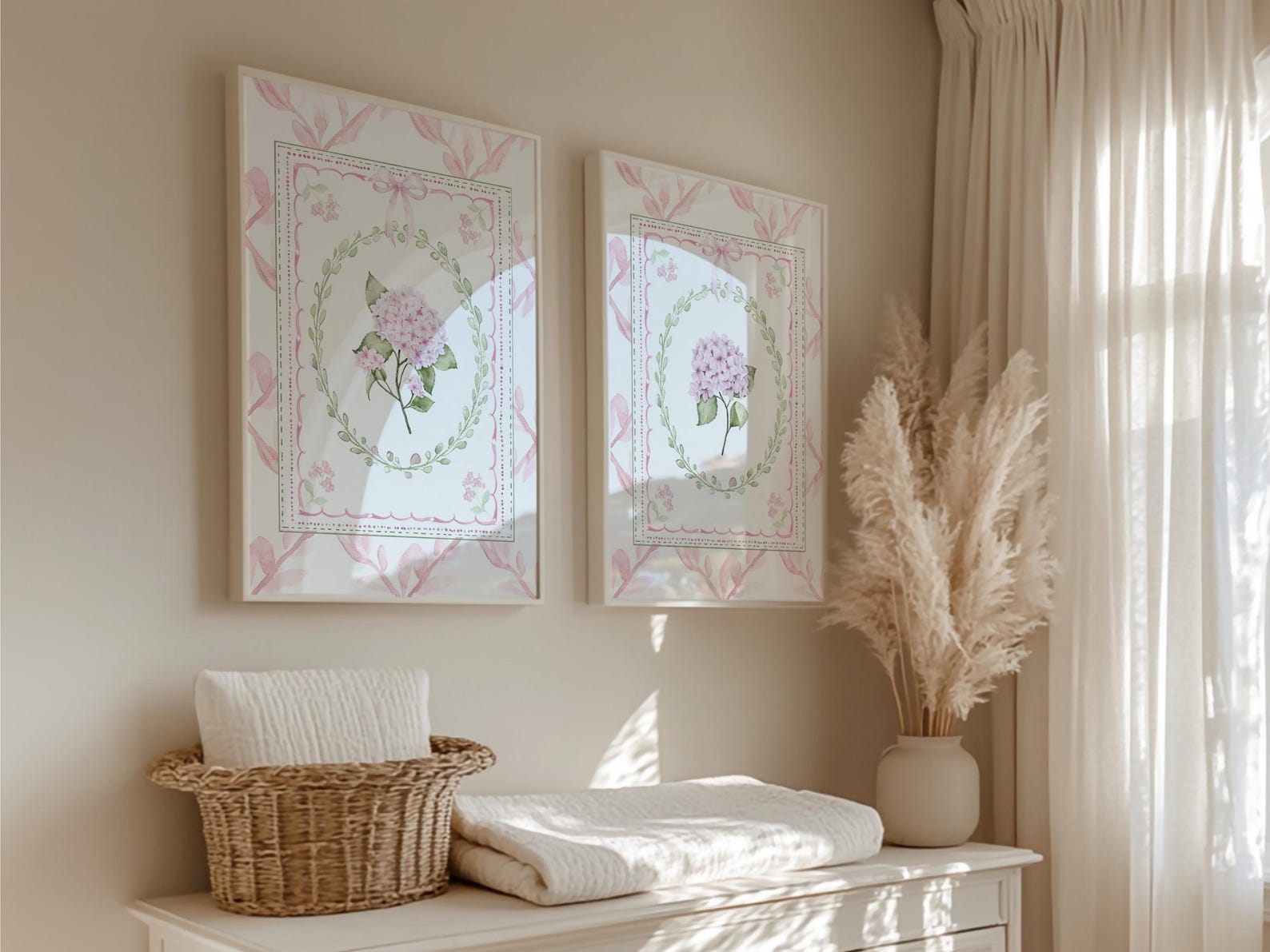 Pink Hydrangea Nursery Wall Art Set of 2, Pink and Green Chinoiserie ...