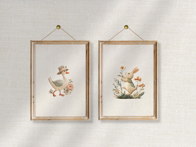 Embroidered Goose and Bunny Nursery Wall Art Set | Farmhouse Kid's Room ...