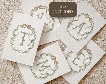 Letter Wall Art for Nursery, Sage Green Gender Neutral Print, Cottagecore Initial Poster, Vintage Alphabet Baby Shower Gift