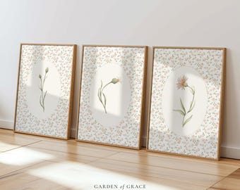 Vintage Wildflower Nursery Prints Set | Pink and Sage Green (Digital Download)