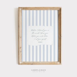 May include: A framed print with a blue and white striped background. The print features a quote from Jeremiah 1:5: "Before I formed you in the womb I knew you; before you were born I set you apart."