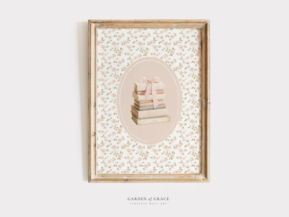 Shabby Chic Nursery Wall Art, Pink Girl's Room Decor, Floral Pile of Books Print, Digital Vintage Reading Nook Prints (Digital Download)